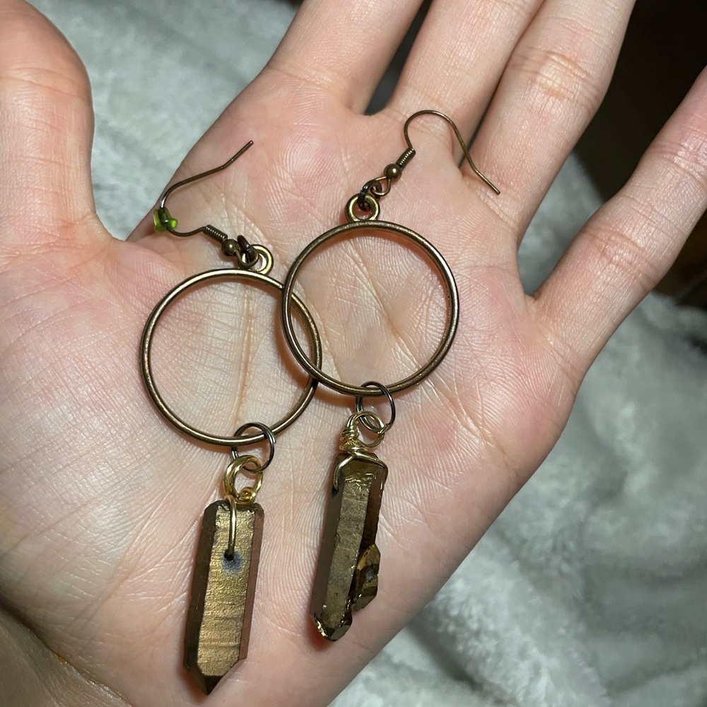 Brass Bronze Quartz Hoop Drop Earrings